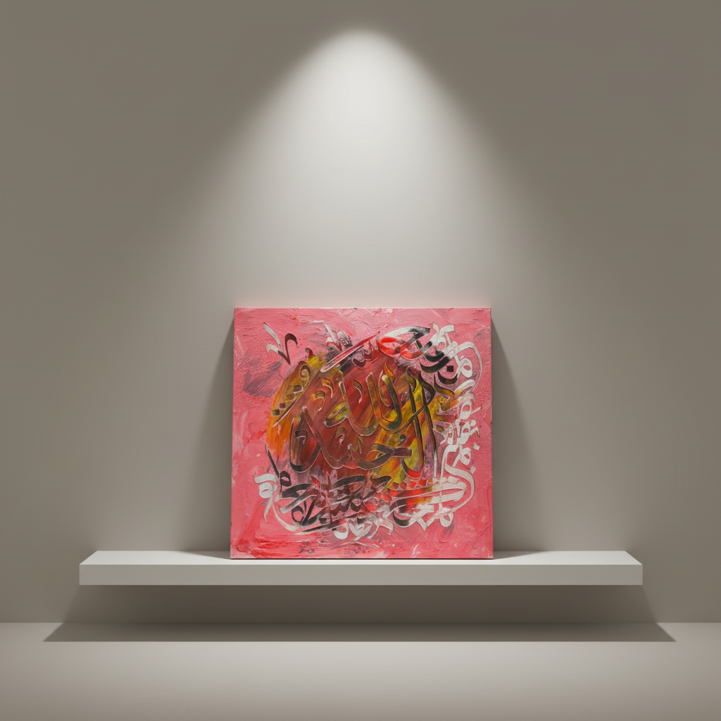 Allah rose pink square canvas art 15.75x15.75 inches (40x40cm) on a minimalist stage area shelf, no frame