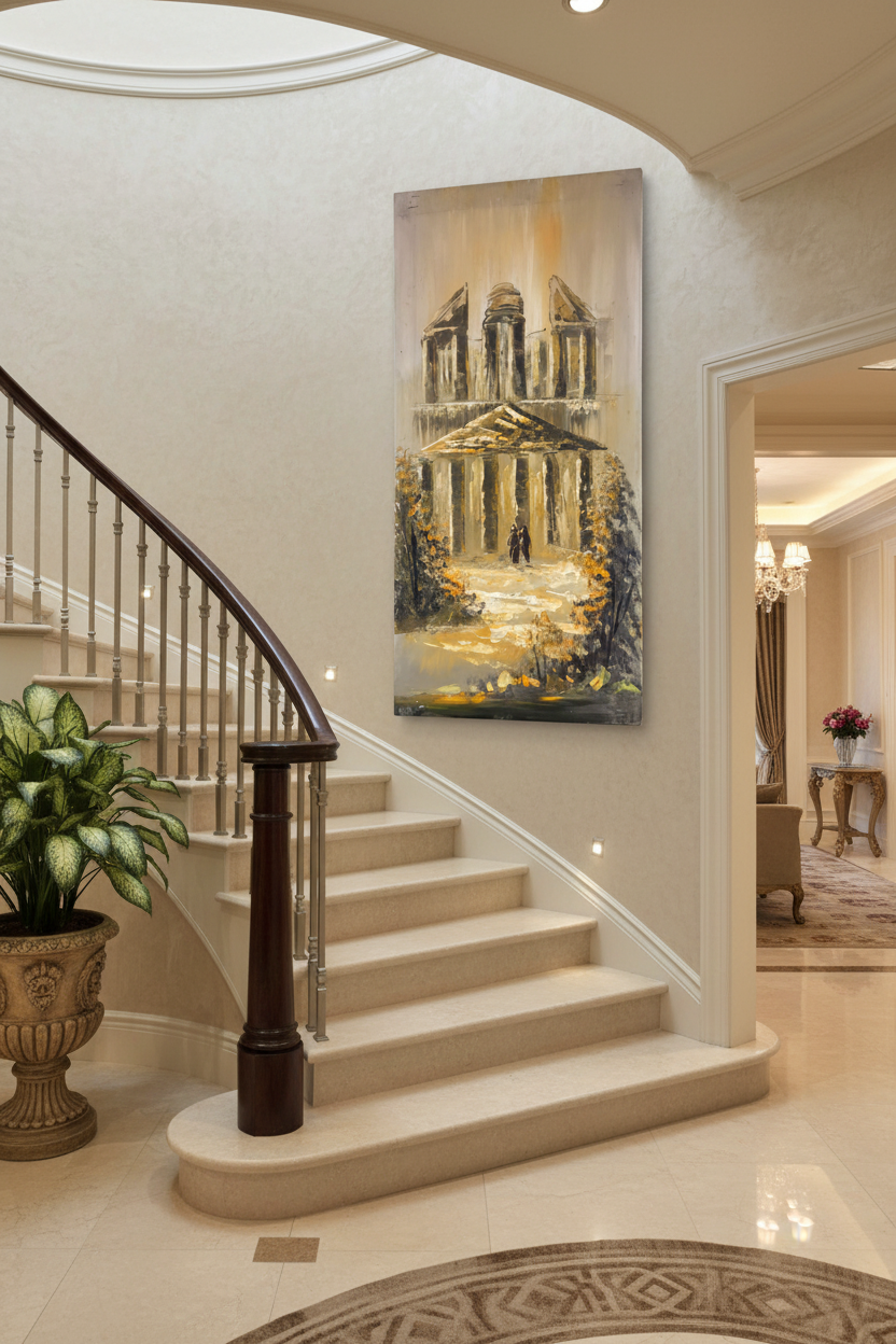 Ancient Temple oil painting on staircase wall, no frame
