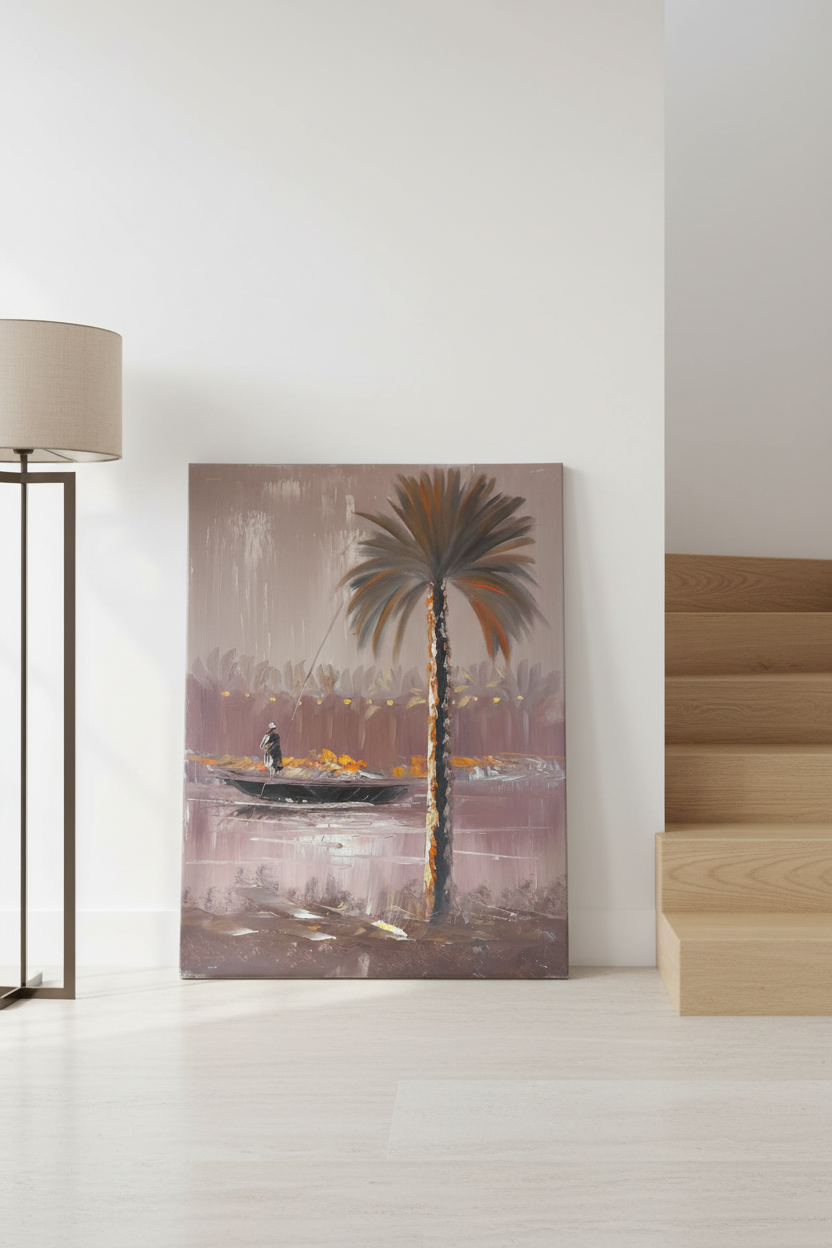 Fisherman painting leaning against wall near stairs in luxury home interior