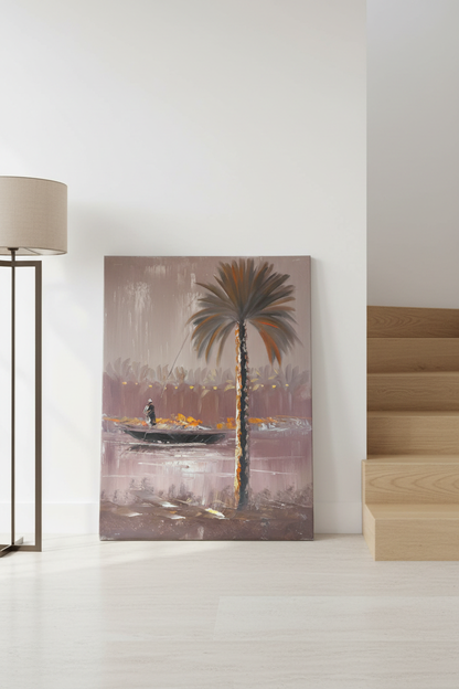 Fisherman painting leaning against wall near stairs in luxury home interior