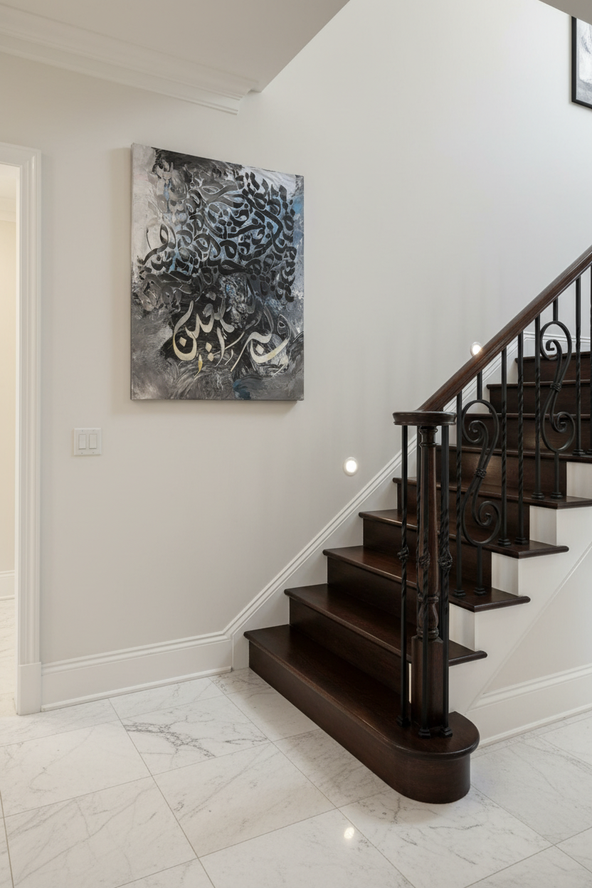 Wa Bihi Nastaeen Arabic calligraphy canvas art hanging on a wall beside an elegant staircase, portrait 3:4 ratio, no frame gallery wrap, luxury home interior