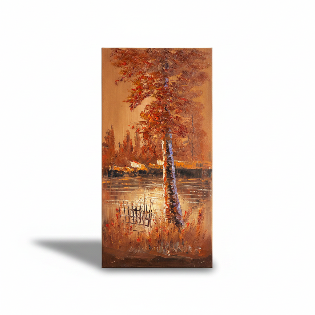 Autumn Solitude by the Lake oil painting isolated on white background with shadow