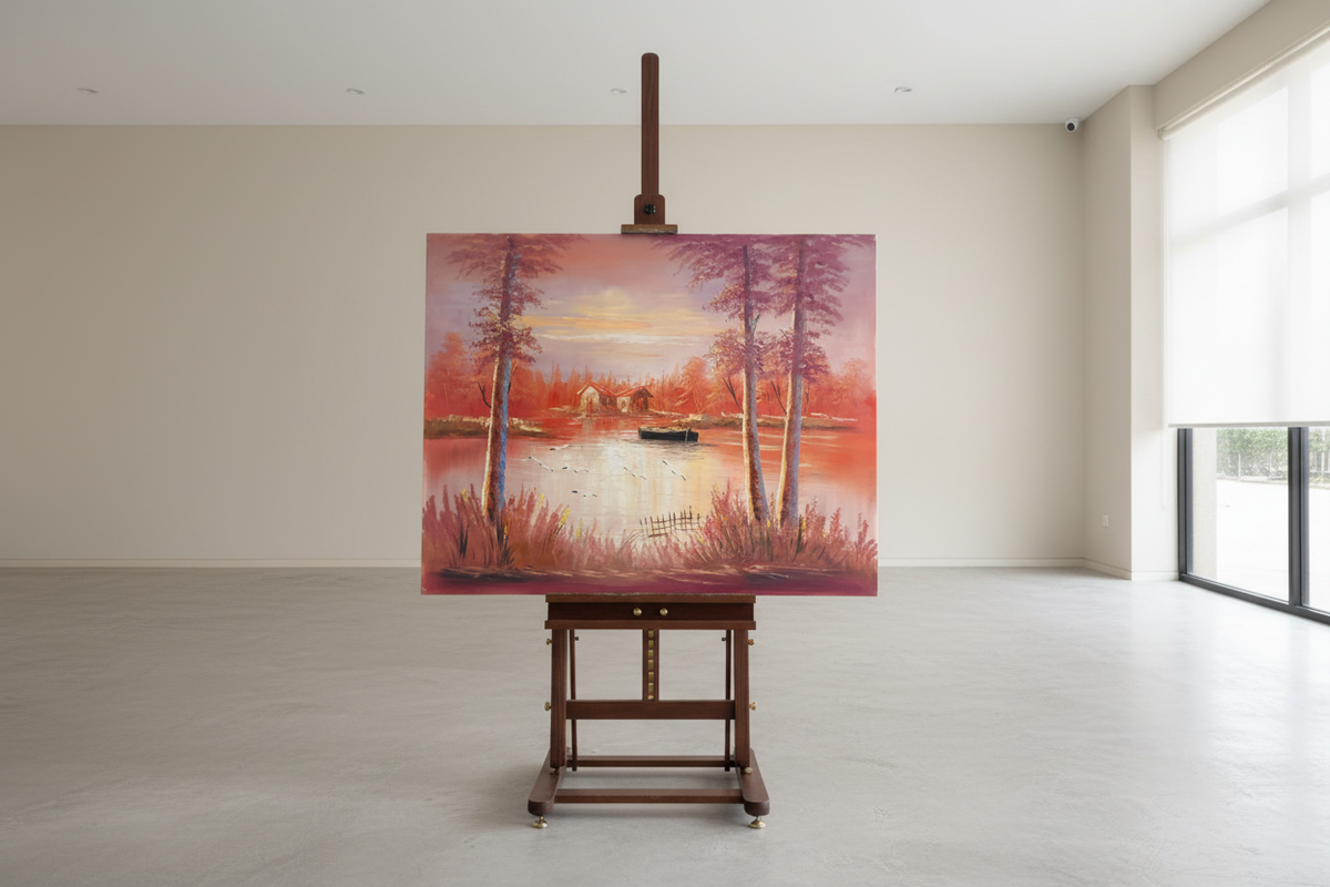Crimson autumn lake original oil painting displayed on a wooden easel art stand — frameless gallery presentation