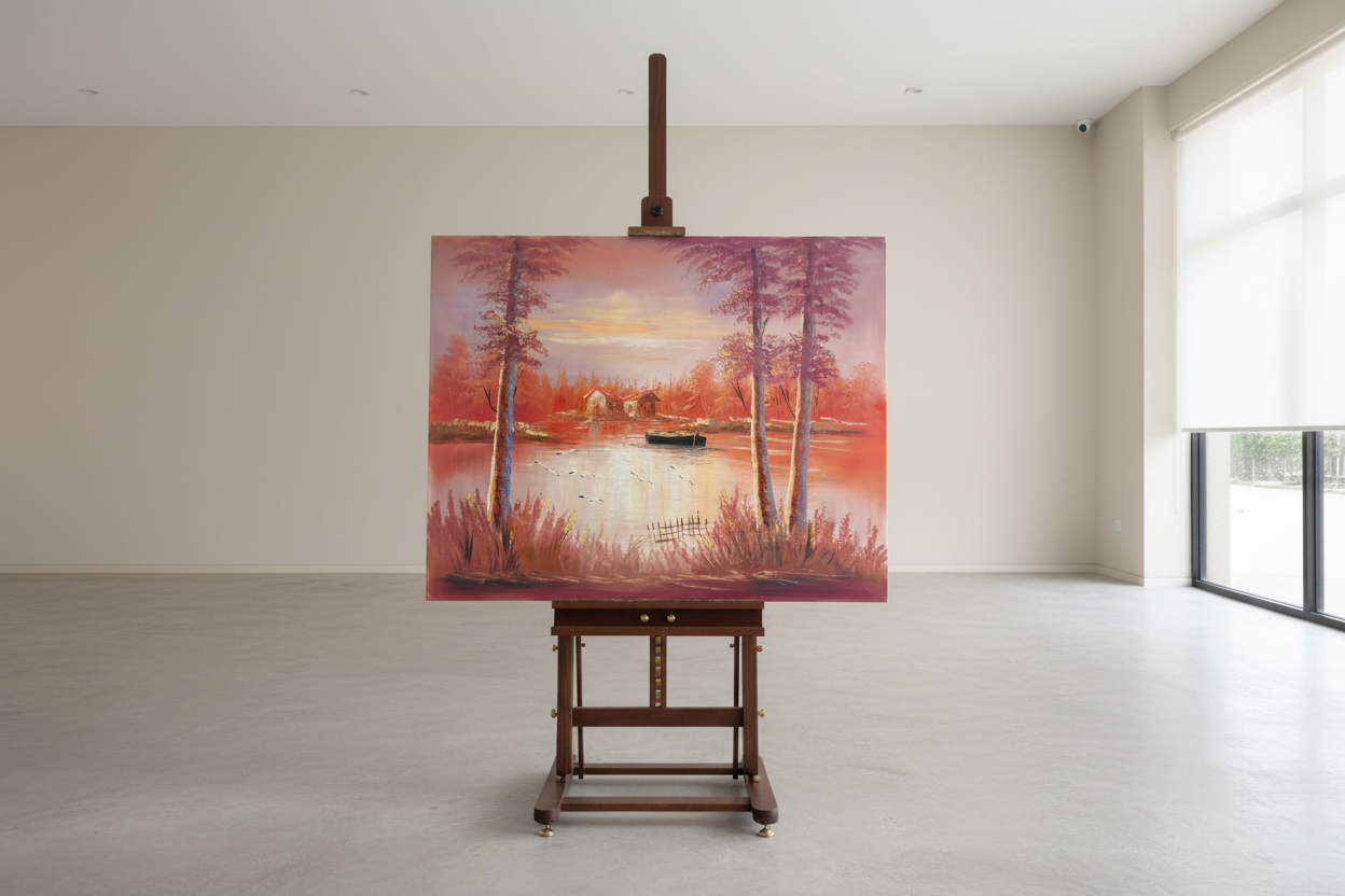 Crimson autumn lake original oil painting displayed on a wooden easel art stand — frameless gallery presentation