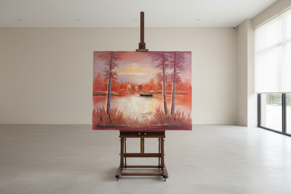 Crimson autumn lake original oil painting displayed on a wooden easel art stand — frameless gallery presentation