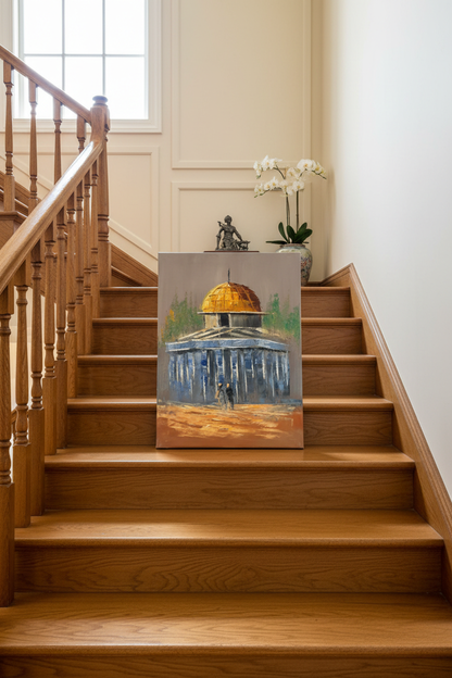 Dome of the Rock oil painting staged on luxury staircase ledge – no frame
