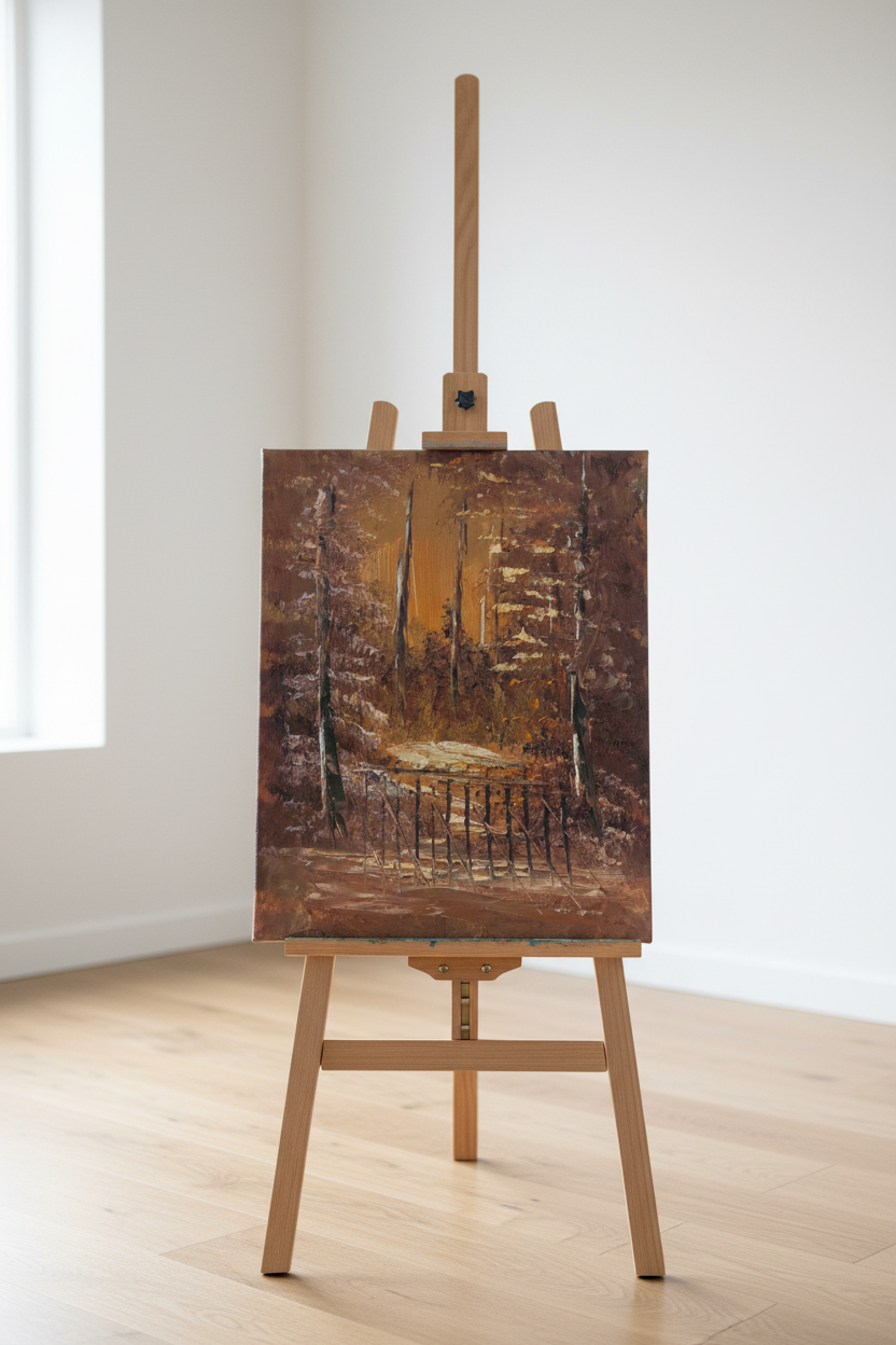 Original forest gate oil painting displayed on wooden easel stand in bright modern interior