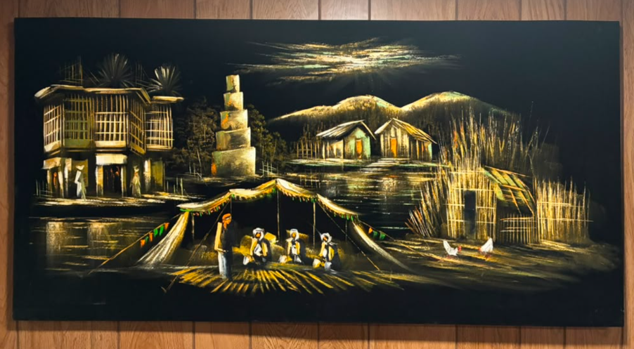 Iraqi village night scene canvas wall art – original painting with ancient ziggurat tower, traditional mudhif reed houses, market tent figures, and water reflections