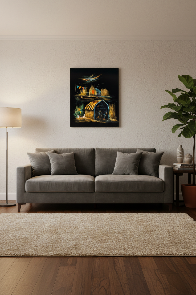Middle Eastern marsh village canvas art staged in a living room area