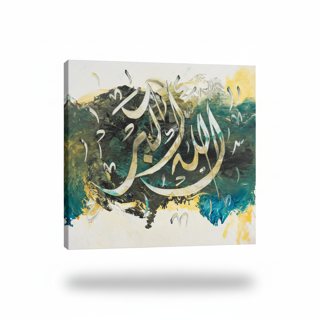 Allahu Akbar calligraphy canvas on white background with shadow