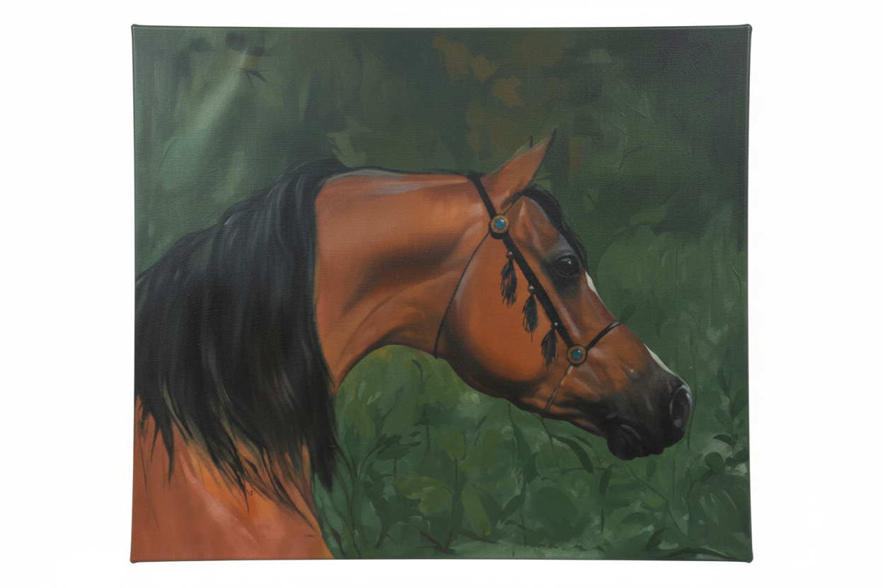 Bay Arabian horse portrait green foliage large fine art canvas on white background product photo