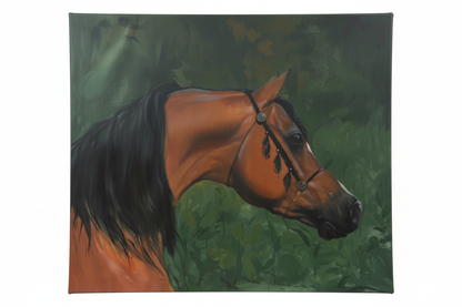 Bay Arabian horse portrait green foliage large fine art canvas on white background product photo