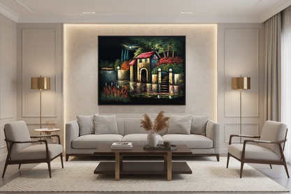 Moonlit Waterside Cottage oil painting displayed in a luxury living room — 39.4 x 31.5 inch canvas wall art