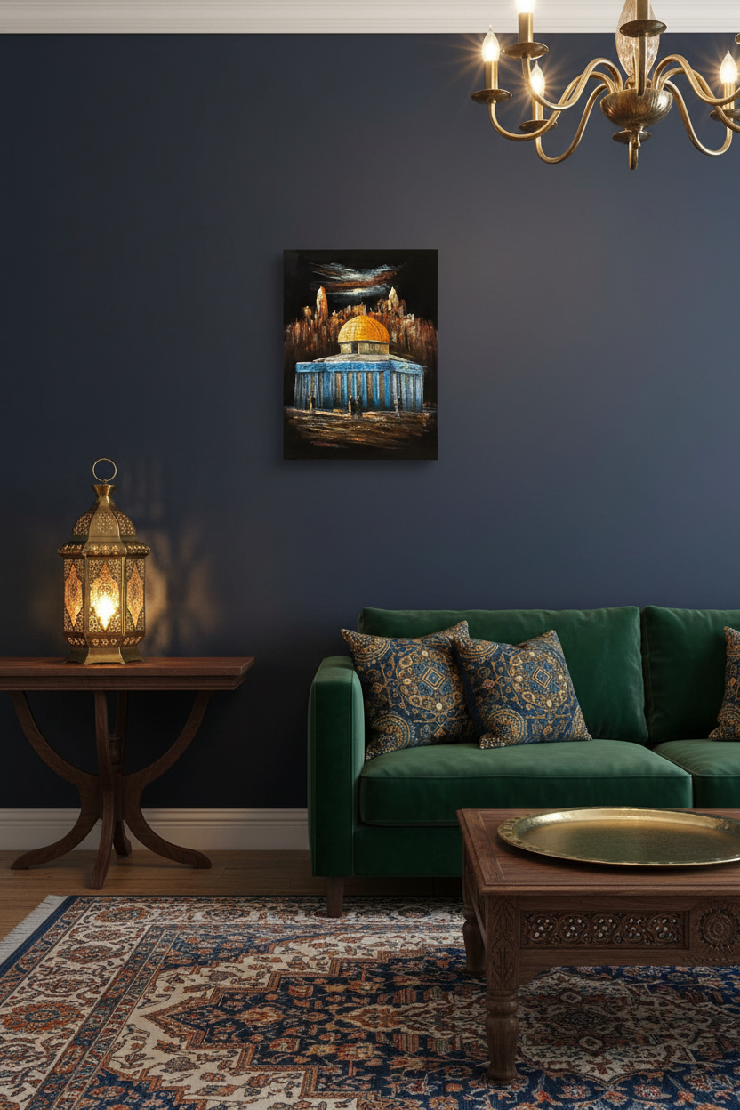 Dome of the Rock Jerusalem skyline night canvas art hung on deep navy wall in elegant Islamic inspired living room lifestyle photo