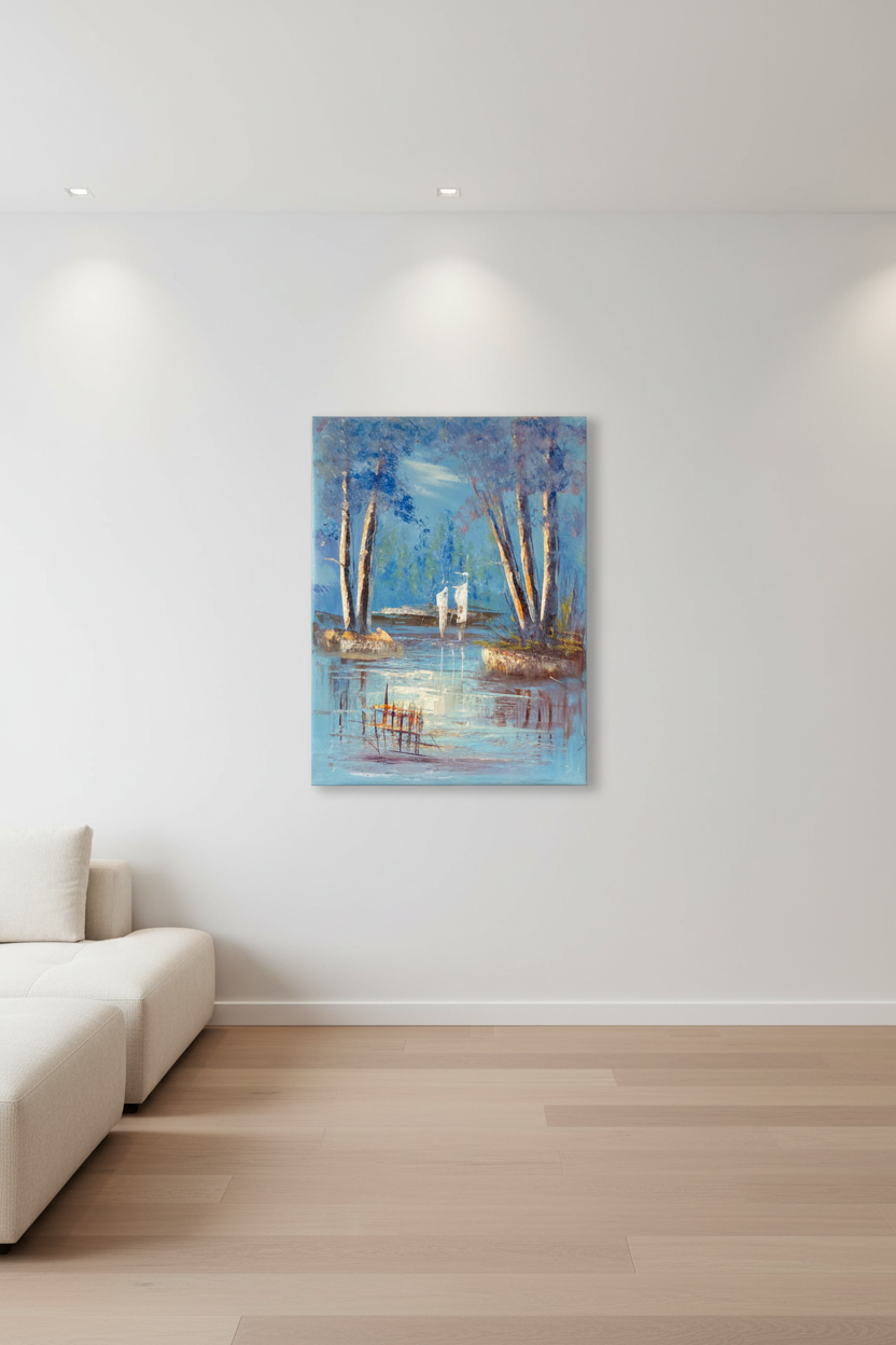 Moonlit riverside painting hung on empty white wall in minimalist living room