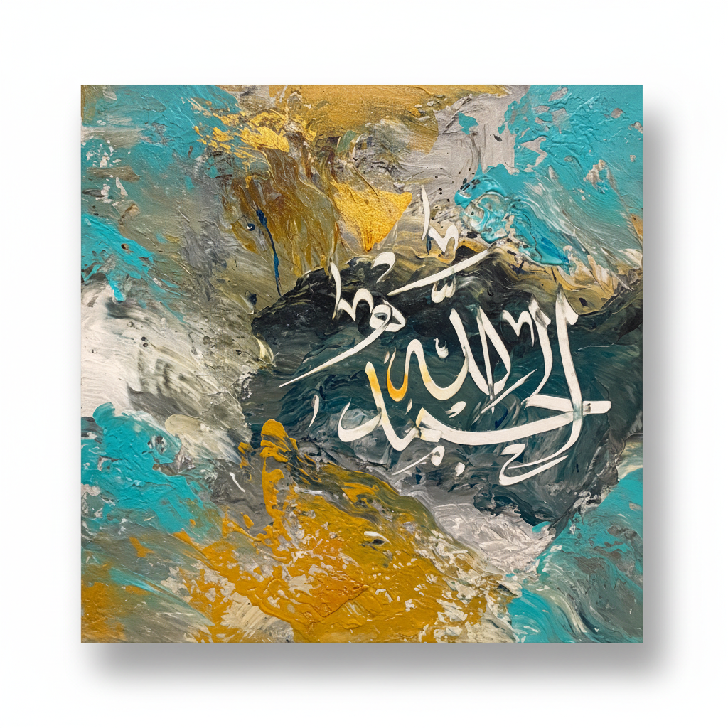 Alhamdulillah white calligraphy teal gold slate square canvas art on white background with shadow, no frame, product shot