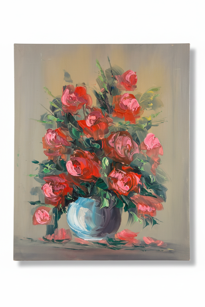 Red rose bouquet oil painting isolated with shadow, no background