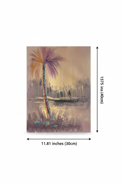 Dimension diagram: purple palm tree and fisherman oil painting 11.81 inches wide by 15.75 inches tall on white background