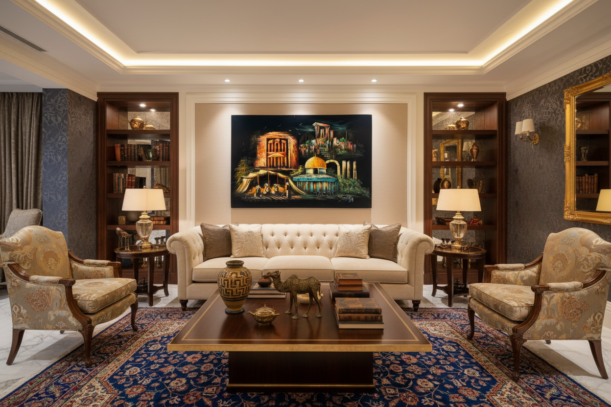Heritage landmarks collage canvas art in elegant luxury living room — lifestyle interior mockup