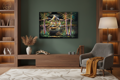 Mountain lake village canvas art in cozy bedroom or sitting area — lifestyle interior mockup