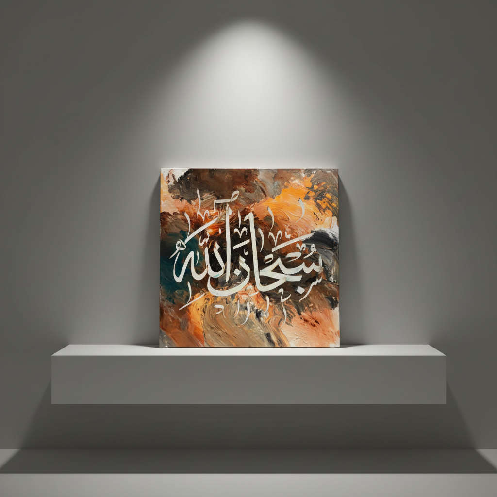 SubhanAllah square canvas art 15.75x15.75 inches (40x40cm) displayed on a minimalist stage area shelf or easel, no frame