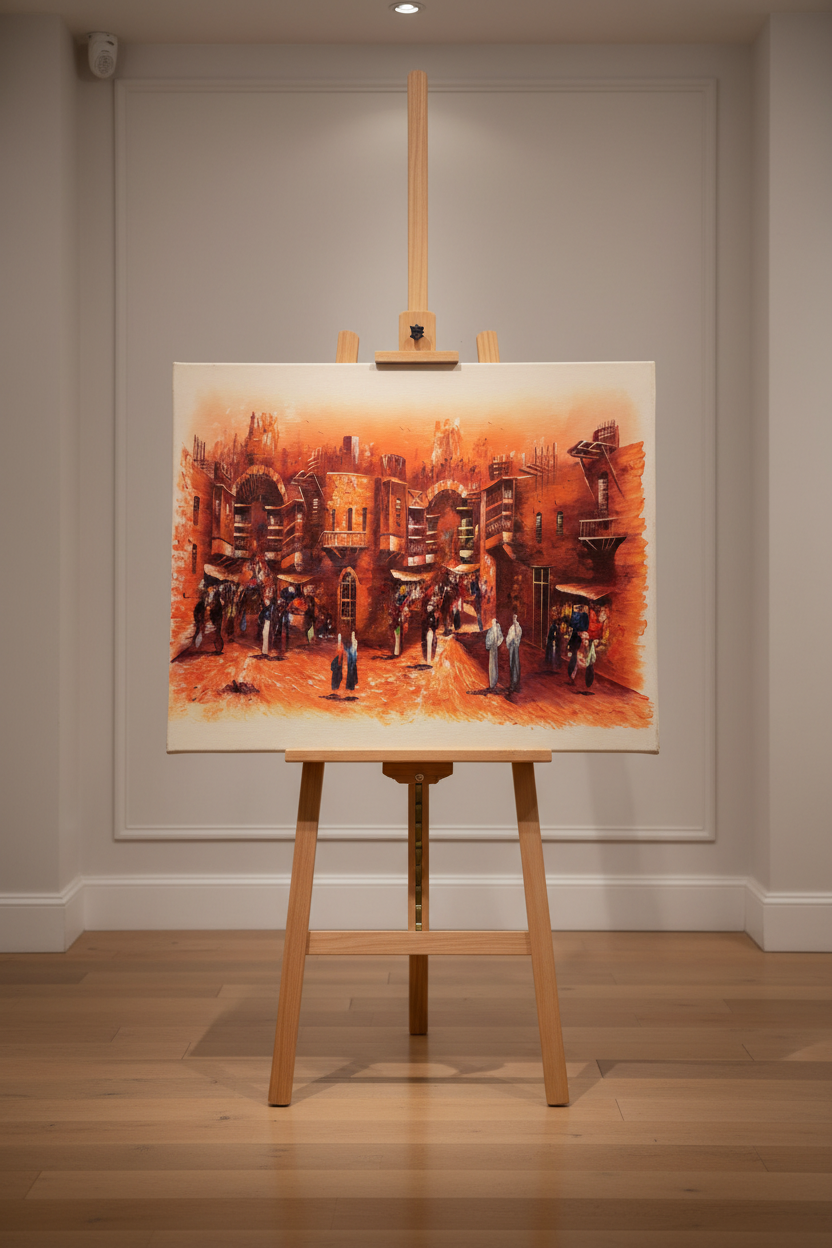 Middle Eastern bazaar oil painting on wooden art easel stand, gallery setting, no frame, correct proportions