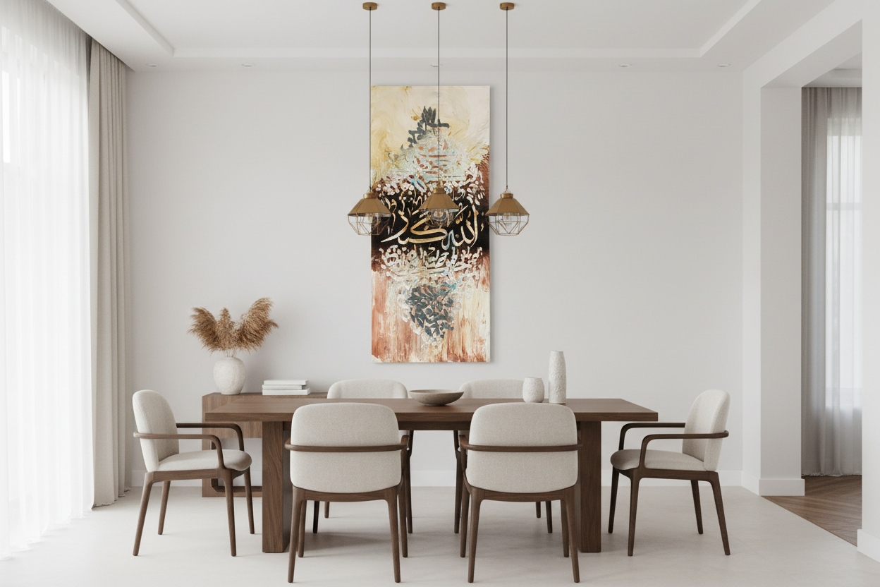 Allahu Akbar gold calligraphy canvas wall art in a spacious open area showing scale, no frame