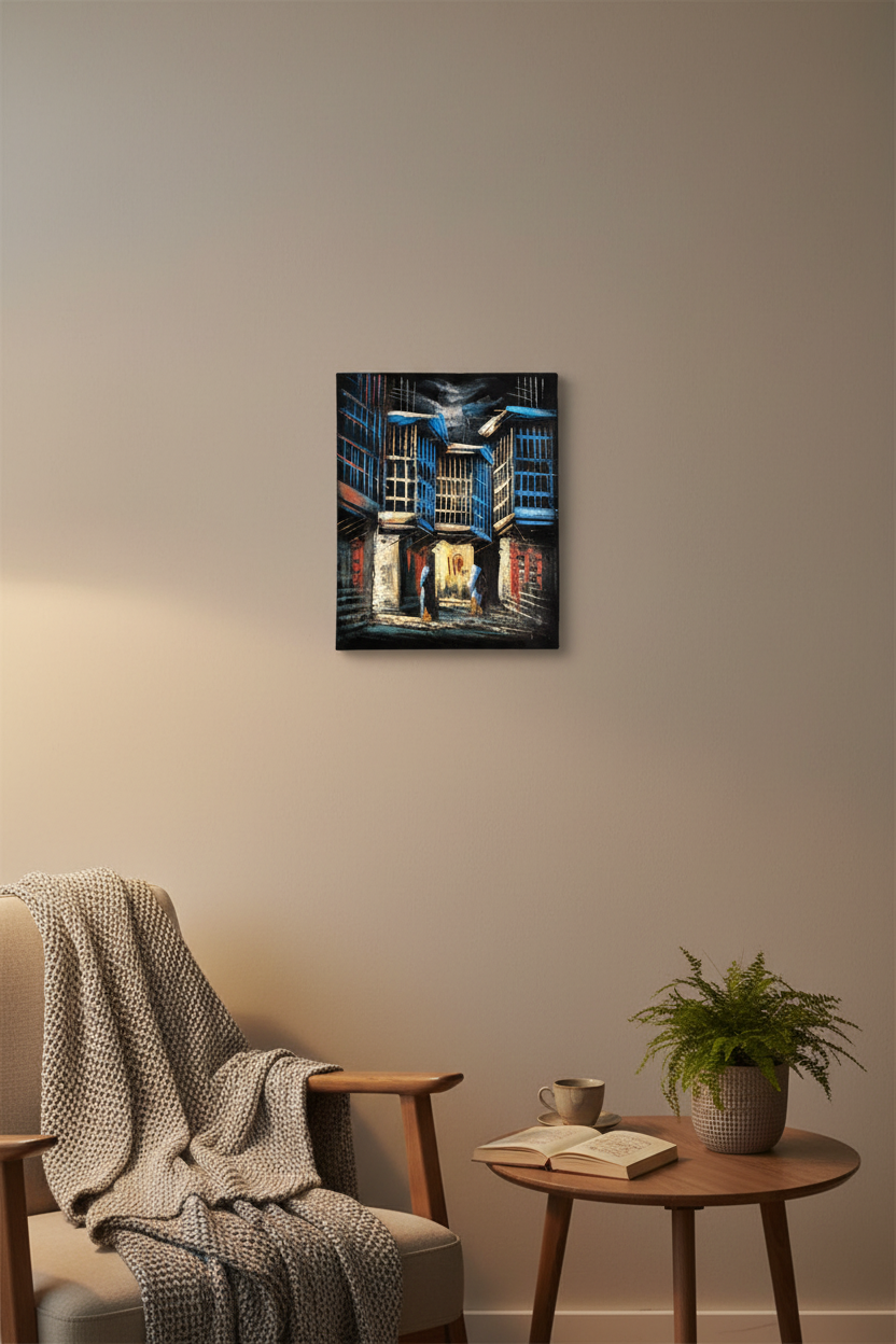 Blue mashrabiya alleyway night canvas art displayed in small cozy room lifestyle photo
