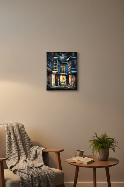 Blue mashrabiya alleyway night canvas art displayed in small cozy room lifestyle photo