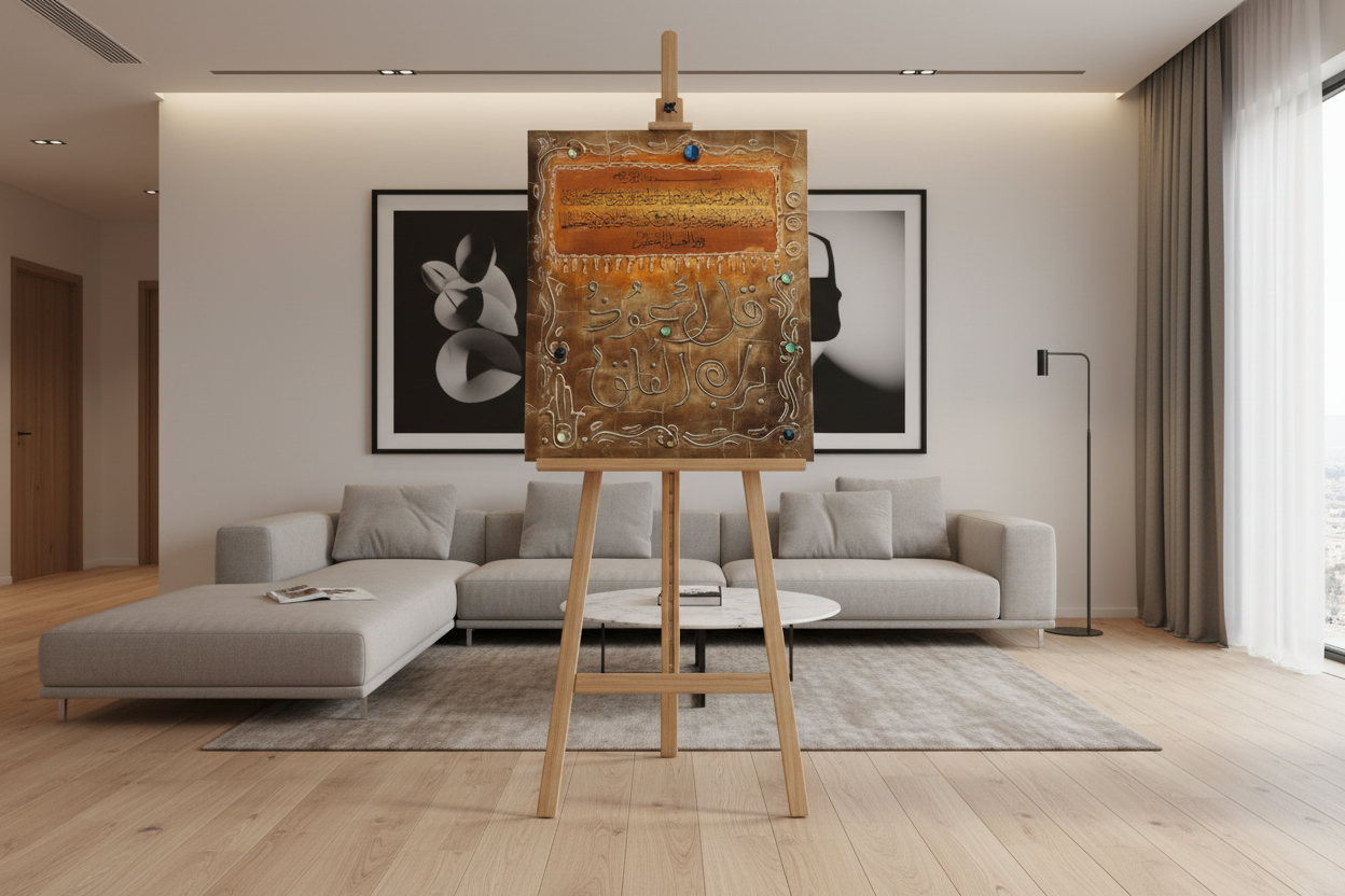 Ayat al-Kursi Surah Al-Falaq copper calligraphy panel displayed on easel stand in modern living room