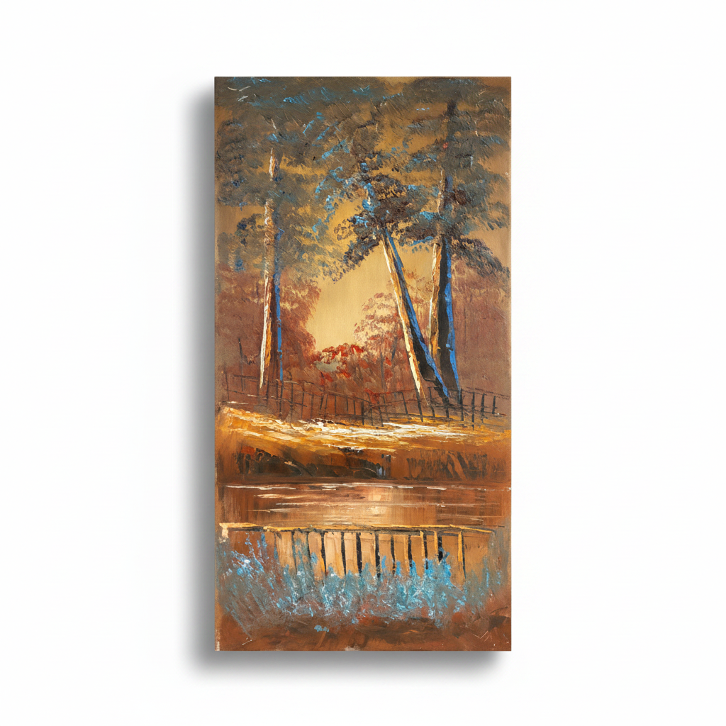 Dusk at the Woodland Fence oil painting isolated on white background with shadow