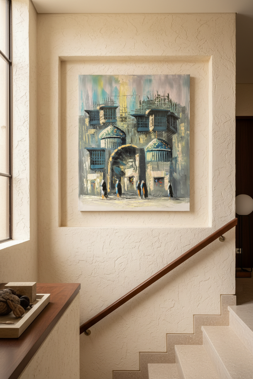Historic city gate teal domes oil painting hung on luxury home staircase wall, no frame, lifestyle interior display