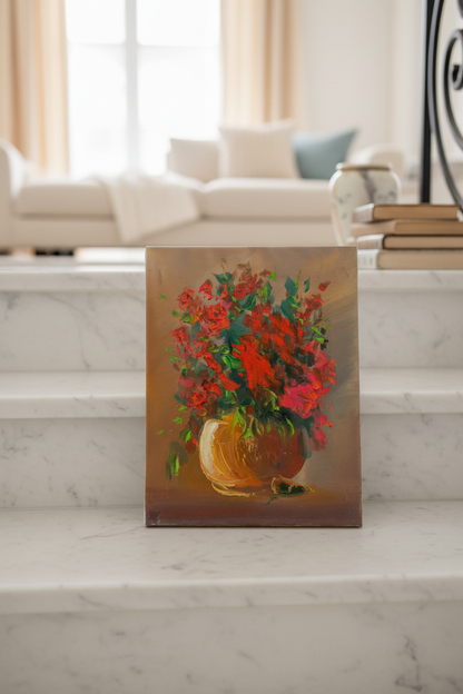 Original red floral oil painting resting on staircase step in luxury home interior
