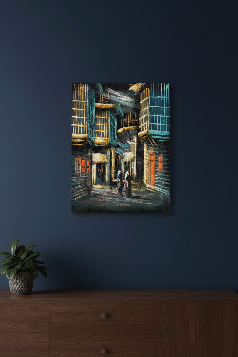 Teal & Gold Alleyway at Night oil painting on midnight navy blue wall in sophisticated modern living room — no frame, moody premium interior art display
