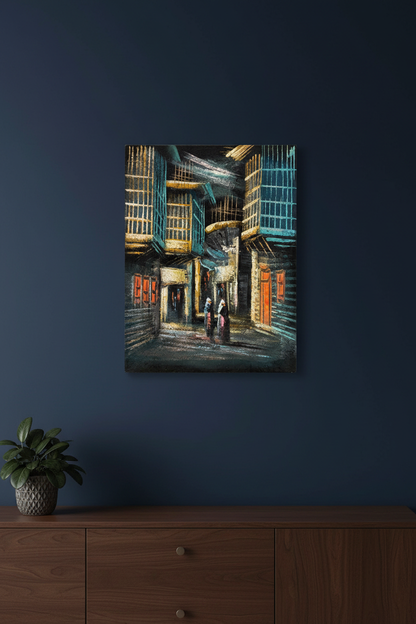 Teal & Gold Alleyway at Night oil painting on midnight navy blue wall in sophisticated modern living room — no frame, moody premium interior art display
