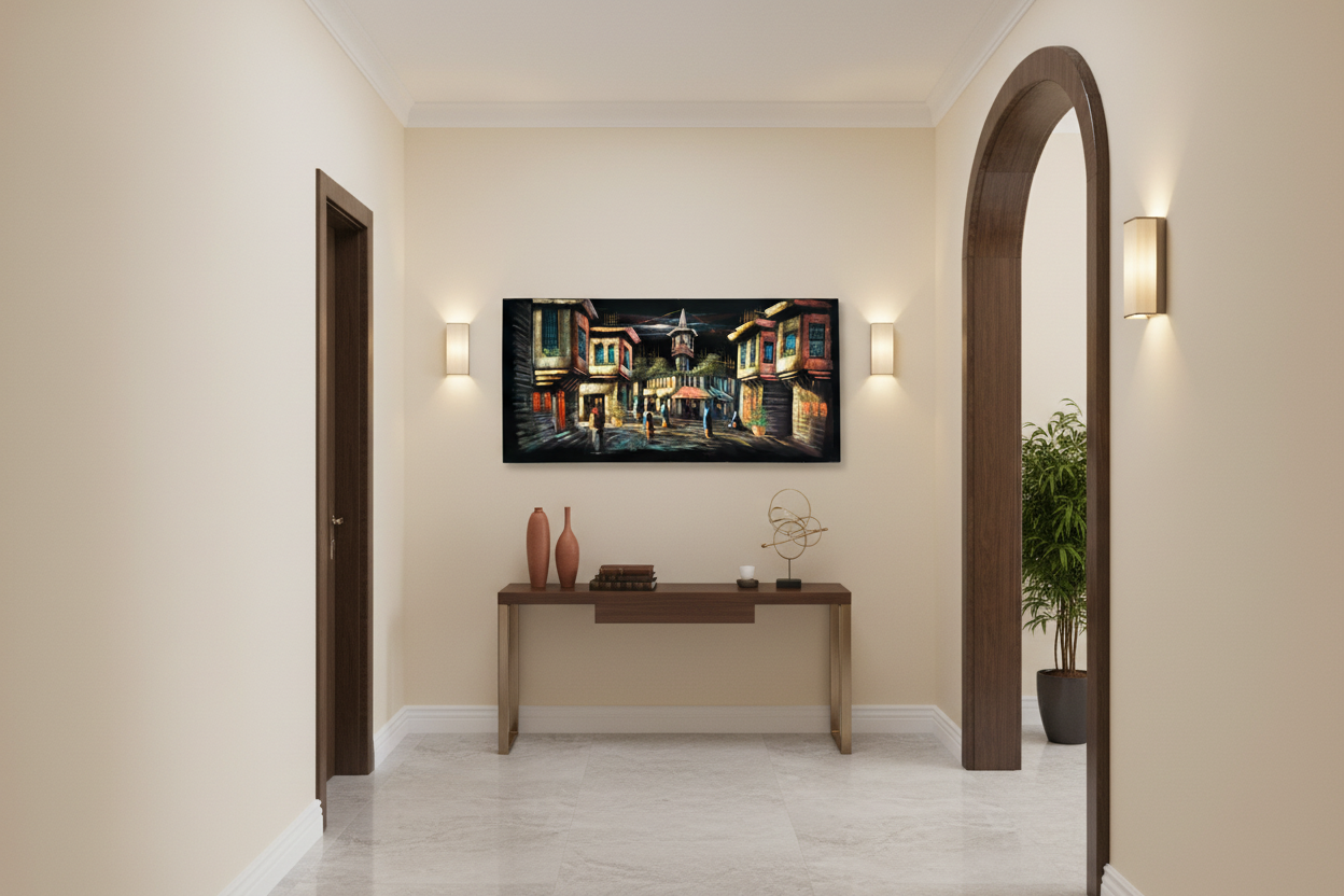 Middle Eastern old town street scene canvas wall art displayed in elegant hallway