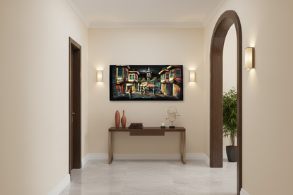 Middle Eastern old town street scene canvas wall art displayed in elegant hallway