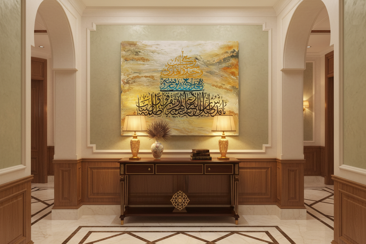 Arabic calligraphy canvas art displayed in elegant hallway