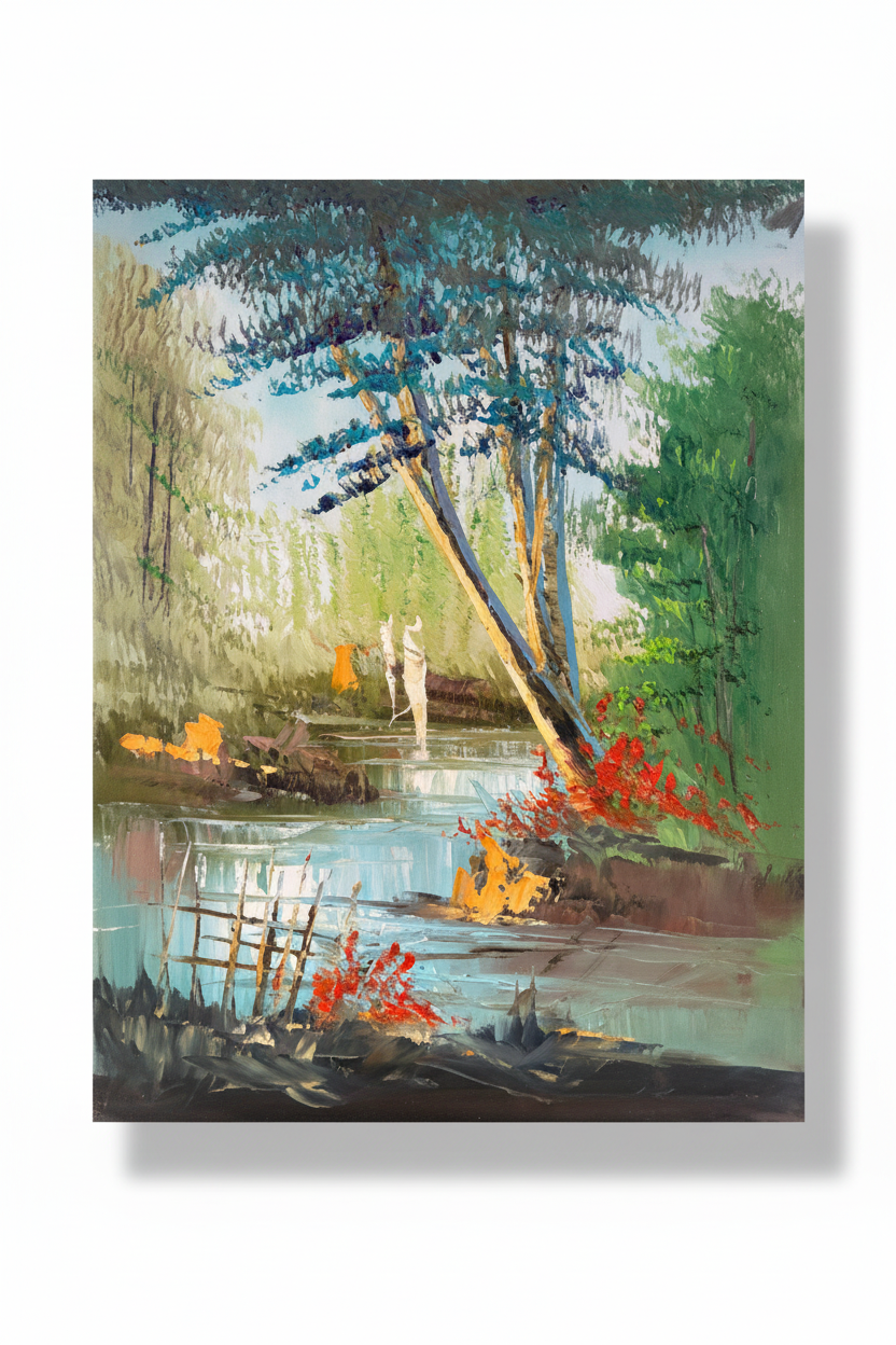 Tranquil pond oil painting isolated with shadow, no background