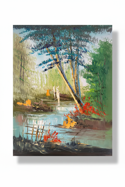 Tranquil pond oil painting isolated with shadow, no background
