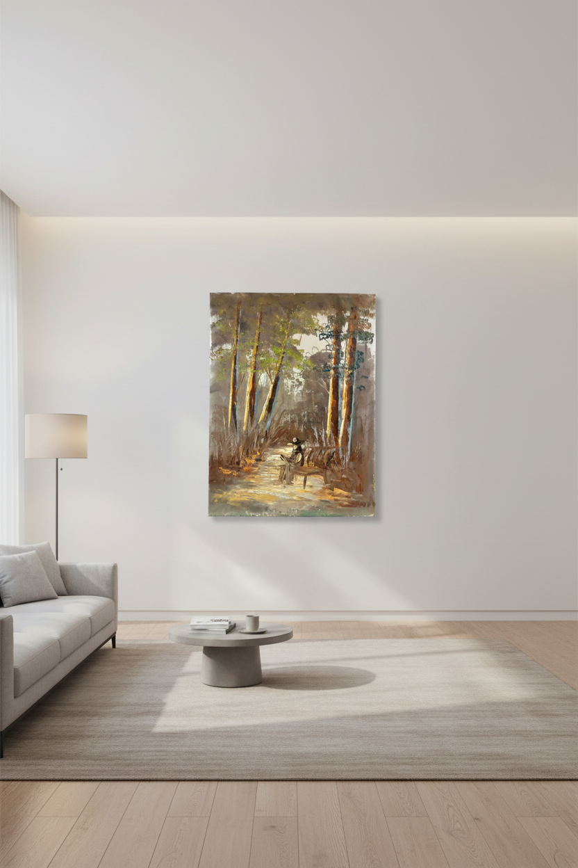 Forest path painting hung on empty white wall in minimalist living room