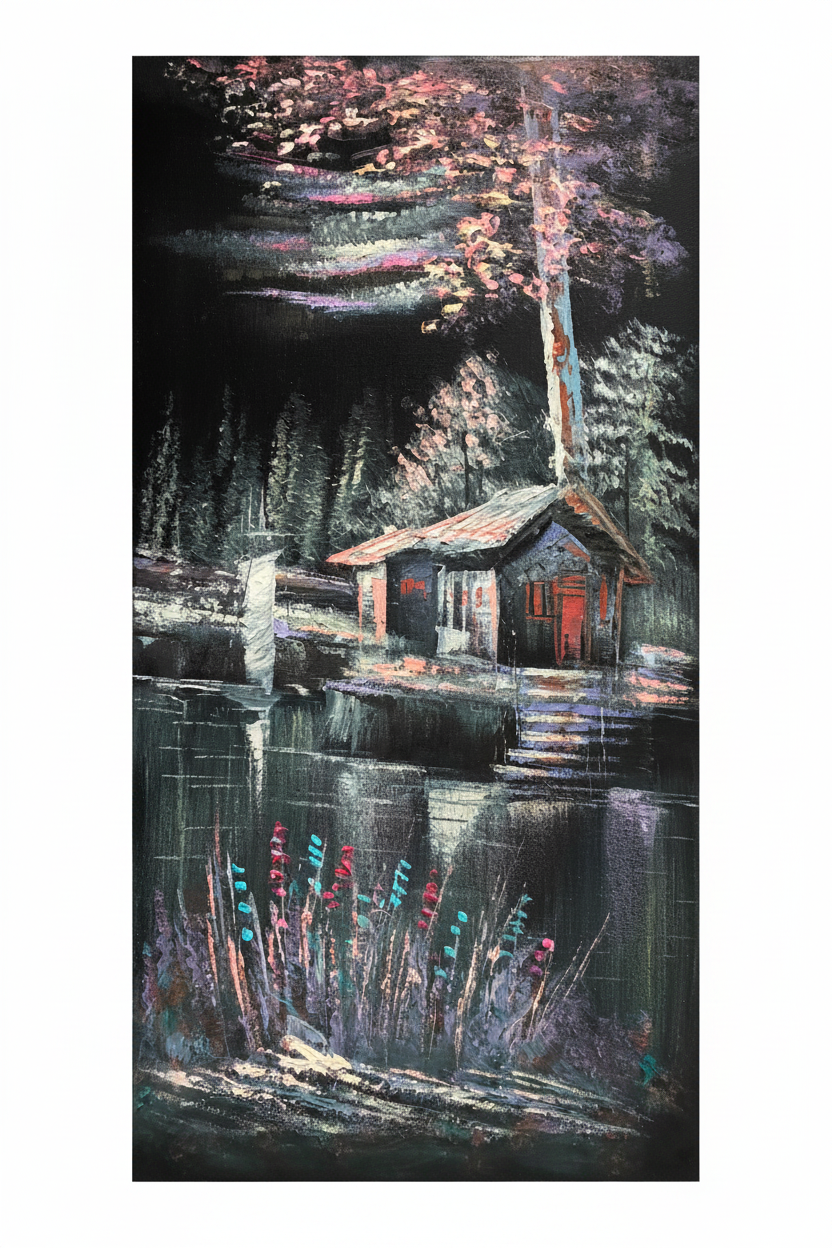 Lakeside Cabin painting white background exact dimensions 11.81x23.62 inches portrait ratio