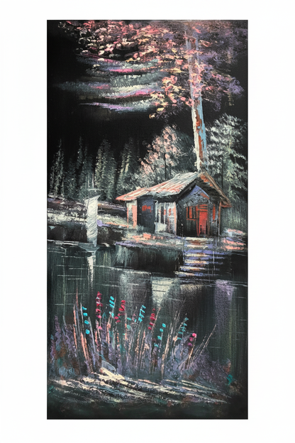 Lakeside Cabin painting white background exact dimensions 11.81x23.62 inches portrait ratio