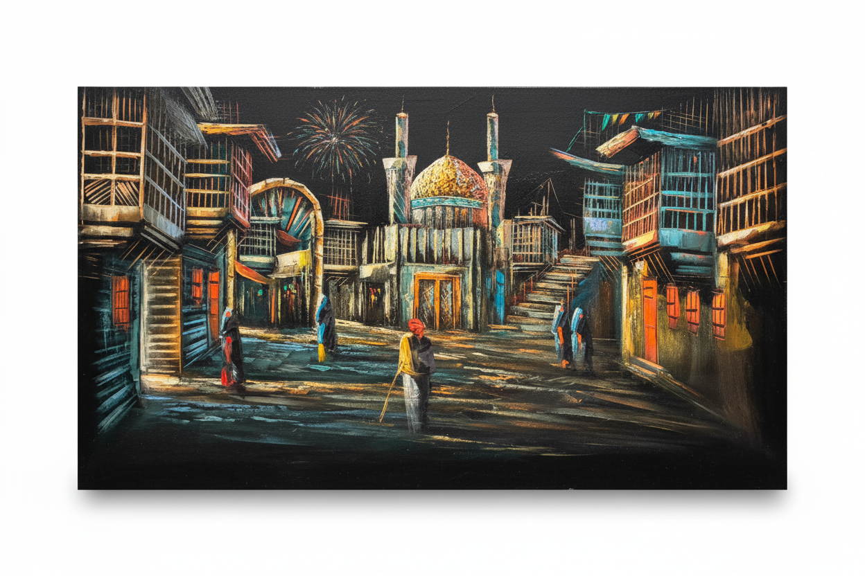 Iraqi Kadhimiya shrine bazaar night scene canvas wall art on white background with shadow – 47x24 inches