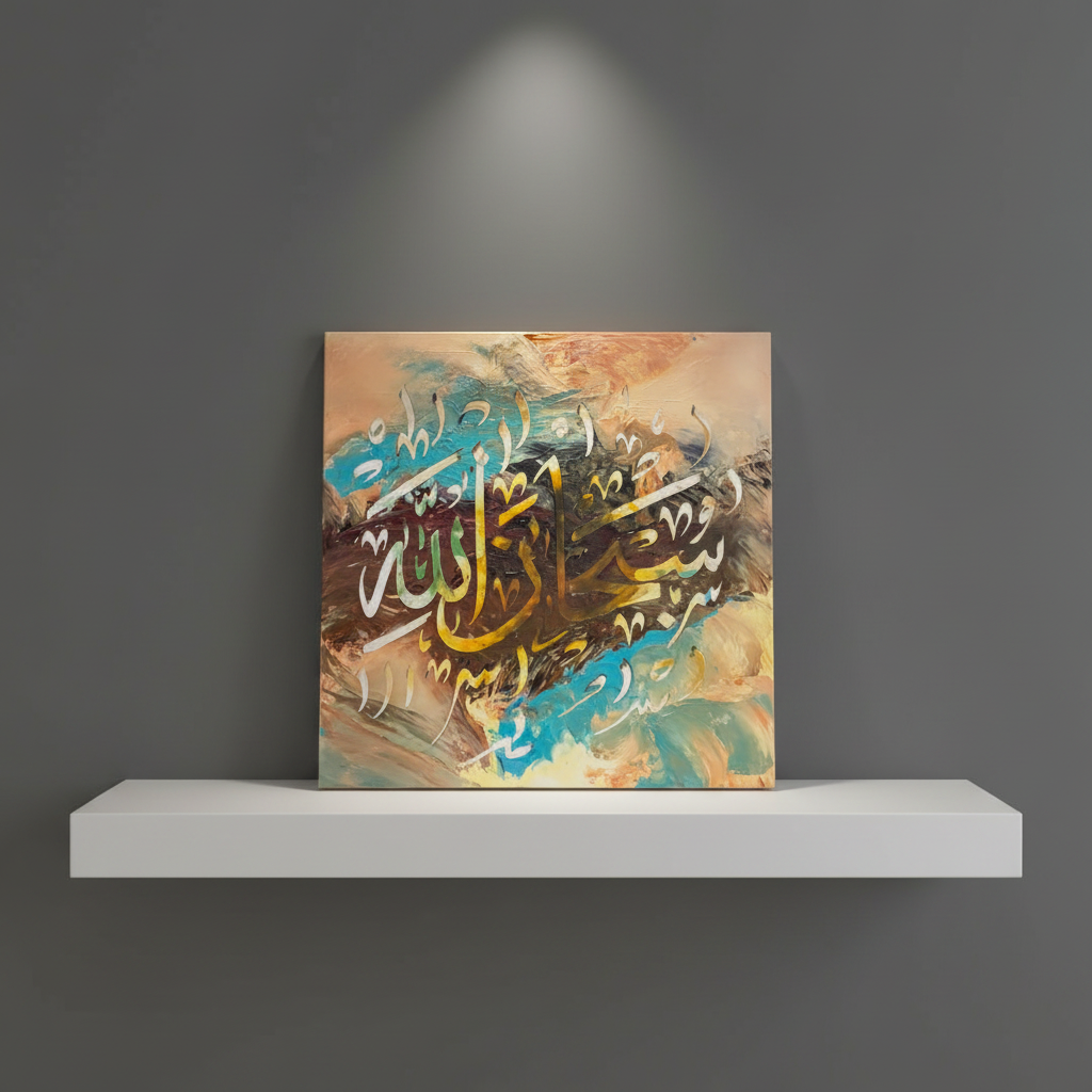 SubhanAllah square canvas art 15.75x15.75 inches (40x40cm) displayed on a minimalist stage area shelf or easel, no frame