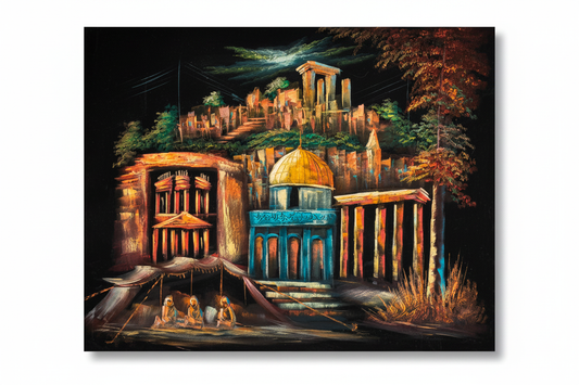 Jerusalem and Petra by Night original oil painting on white background with shadow — 39.4 x 31.5 inches canvas art