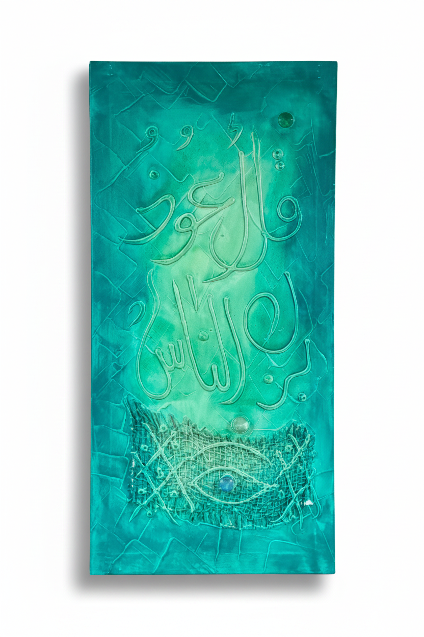 Islamic calligraphy teal green canvas on white background with shadow