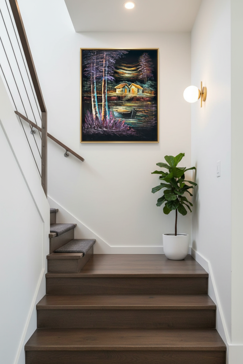 Tranquil lakeside village night scene canvas art staged on a modern home stairway wall
