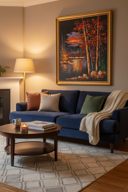Fiery autumn sunset lakeside canvas art staged in a cozy living room sitting area above a sofa