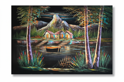 Mountain lake village canvas art on white background with shadow — clean product view